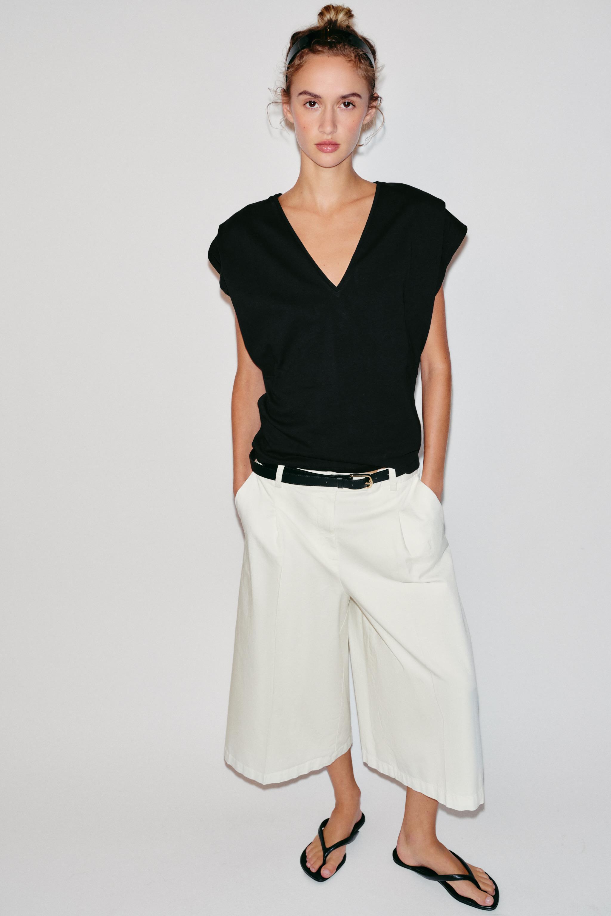 Zara PAMUKLU V YAKA T-SHIRT görsel 8