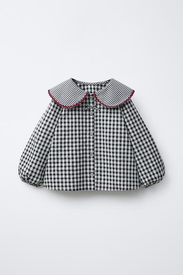 GINGHAM BLOUSE WITH RIPPLE TRIM - Ecru by Zara