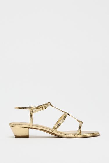 SANDALEN MET HAK, BANDJES EN METALLIC EFFECT - Goudkleurig van Zara