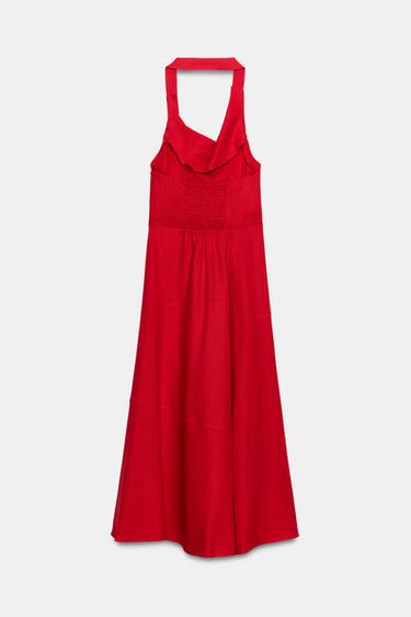 LINEN BLEND HALTER MIDI DRESS - Red by Zara - Image 7