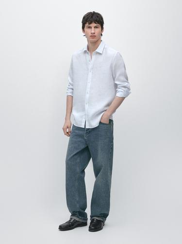 Camisa regular fit rayas lino - Raya verde de Zara