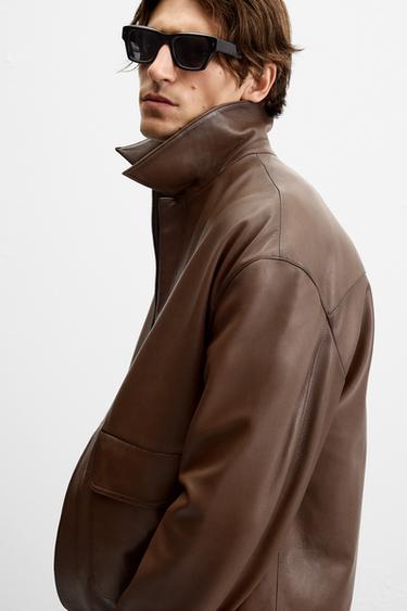 Zara POCKET LEATHER JACKET - Brown
