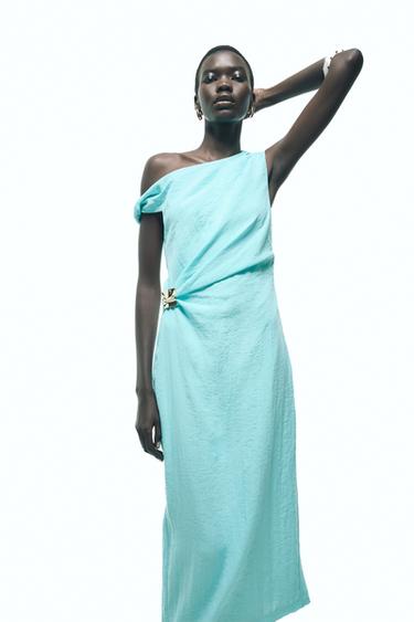 APPLIQUÉ ASYMMETRIC MIDI DRESS - Turquoise by Zara