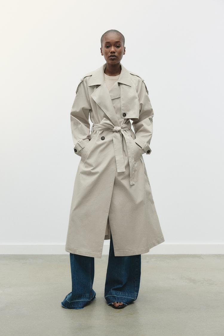 ベルト付きロング丈ダブルブレストトレンチコート - ストーン | ZARA 