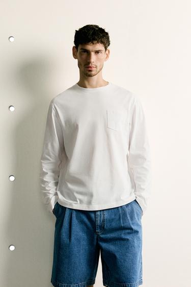 REGULAR FIT LONG SLEEVE T-SHIRT - Oyster-white by Zara