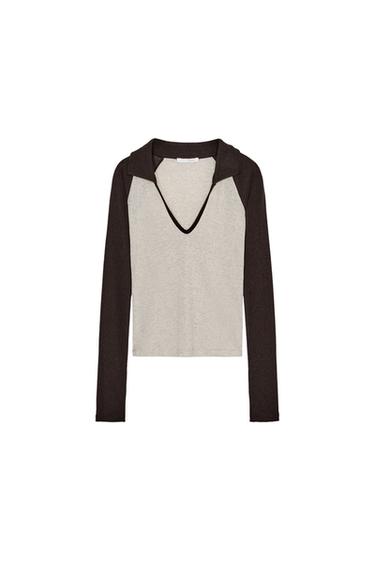 CONTRAST POLO COLLAR T-SHIRT - Beige marl by Zara