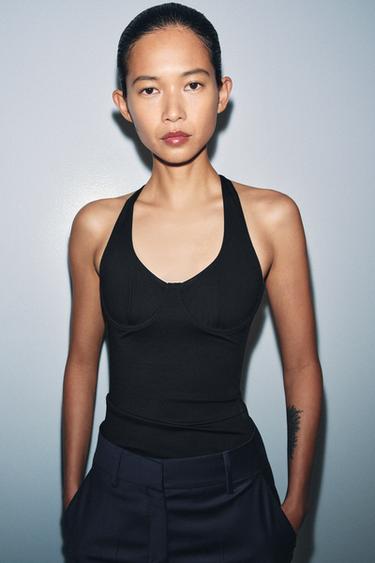 Zara POLYAMIDE HALTER TOP - Black