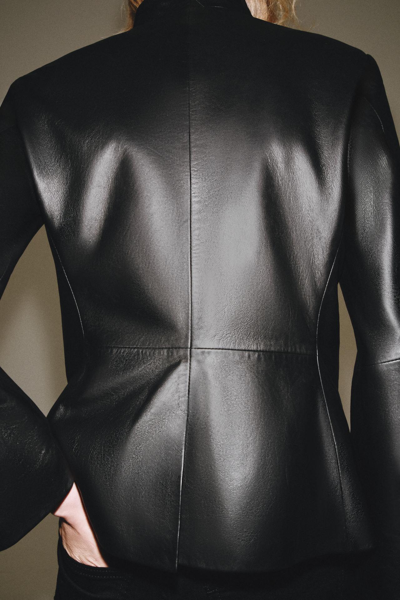 ZW COLLECTION 100% LEATHER DOUBLE-BREASTED BLAZER — Black