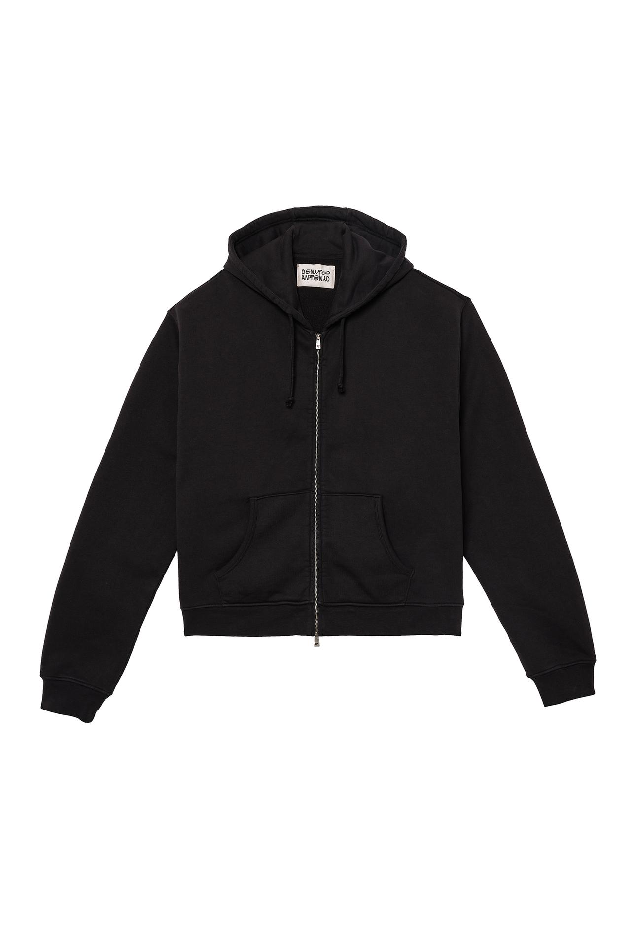 CROPPED FIT ZIPPER HOODIE SWEATSHIRT — Black