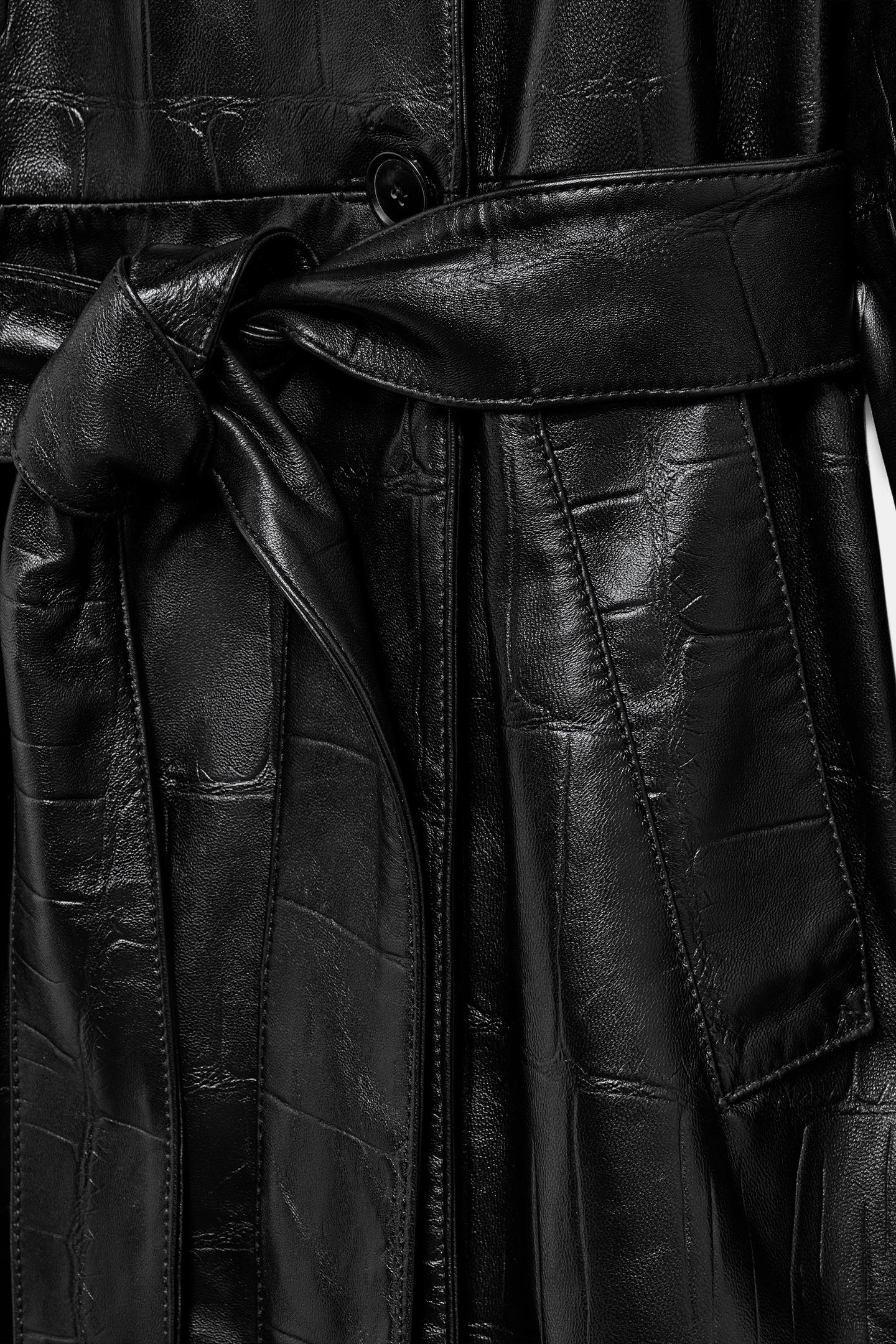 Женская куртка Zara 100% Leather Long Trench Coat ZW Collection, цвет: Чёрный — фото 11