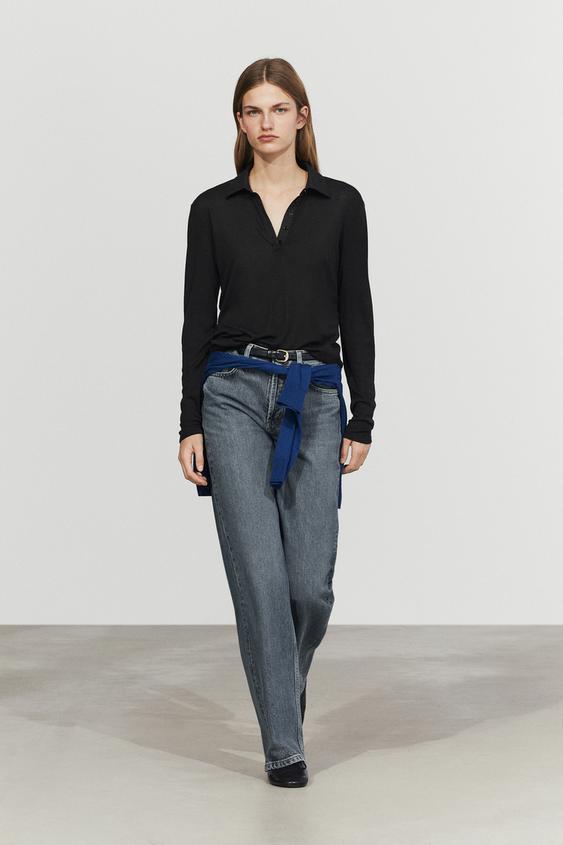 Zara Long sleeve wool polo shirt - Black - Image 0