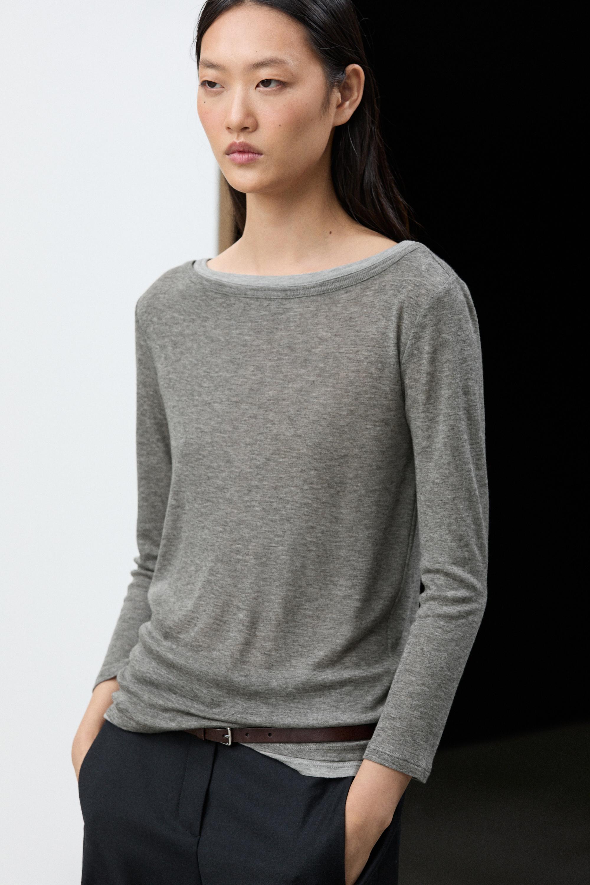Boat-neck T-shirt with faux double-layer detail - Gray marl | ZARA