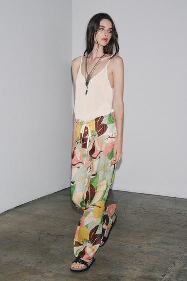 PANTALON IMPRIMÉ FLEURS RAMIE ZW COLLECTION - Vert de Zara