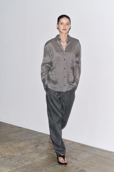 Zara STRIPED LINEN BLEND SHIRT ZW COLLECTION - Ecru / Blue - Image 0