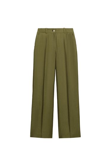 Zara HIGH-RISE STRAIGHT-LEG TROUSERS - Khaki