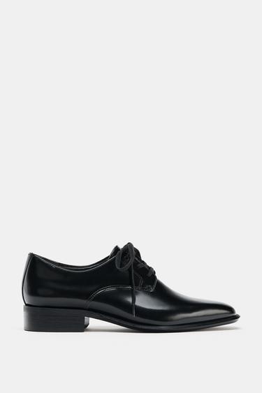LEATHER LACE-UP DERBY SHOES - Black by Zara