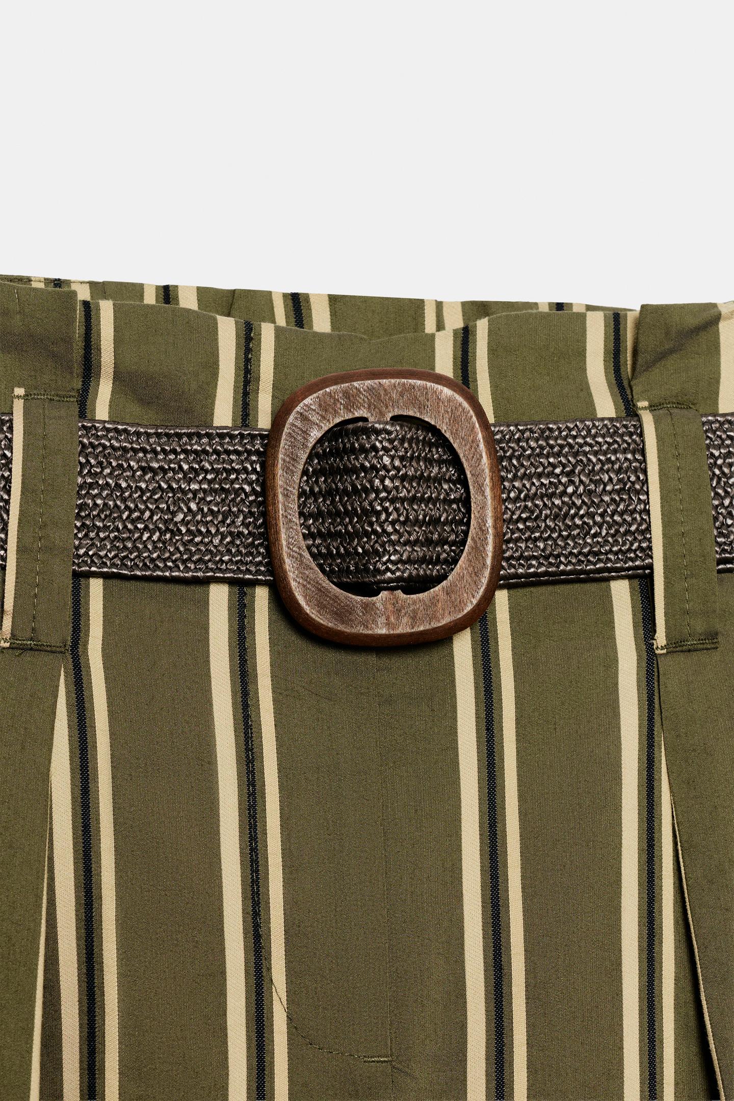 Женские брюки Zara Belted Striped, цвет: Экрю / Зелёный — фото 8