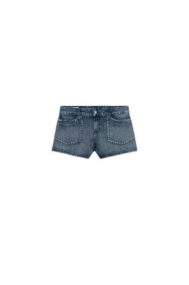 Zara STUDDED TRF DENIM SHORTS - Blue