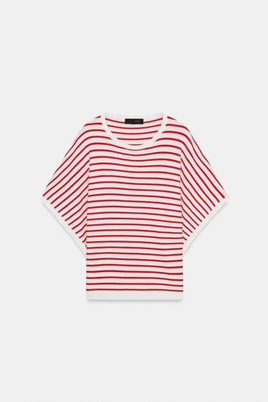 WIDE SHORT SLEEVE KNIT TOP - Red Stripe by Zara