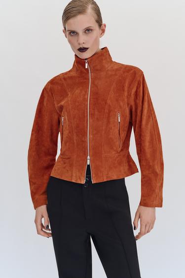 Zara 100% LEATHER STAND COLLAR JACKET - Orange