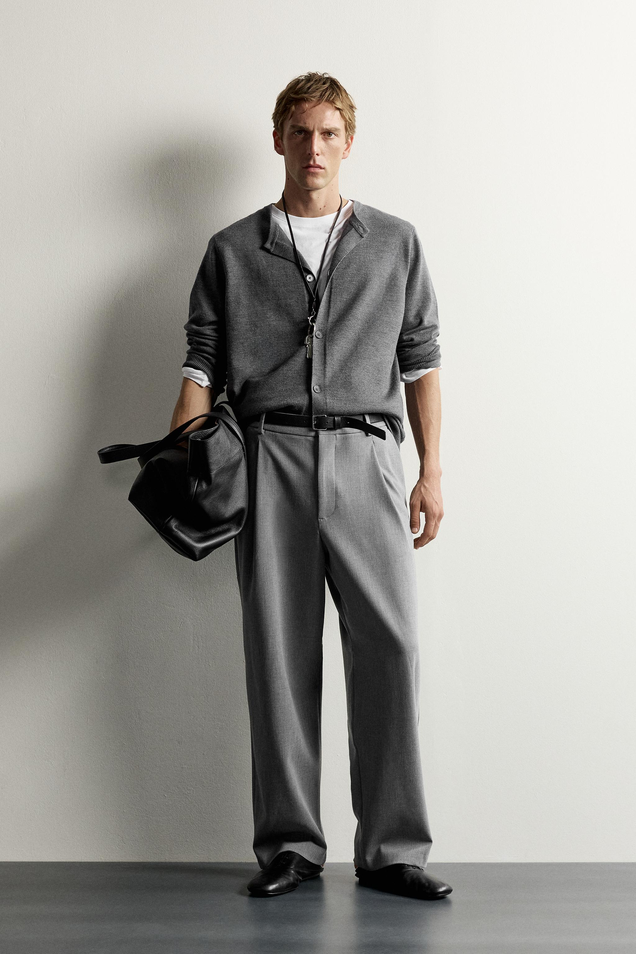 RELAXED FIT PLEATED PANTS — Gray marl
