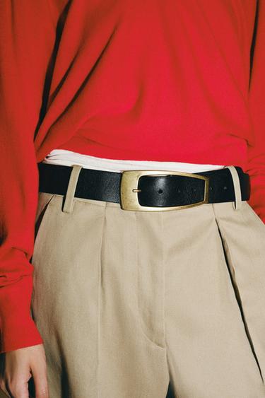 Zara 100% LEATHER RECTANGULAR BUCKLE BELT - Black