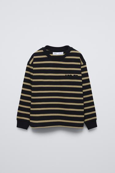 ЛОНГСЛИВ ИЗ ПЛОТНОЙ ТКАНИ В ПОЛОСКУ С ВЫШИВКОЙ — Черный / Зеленый от Zara — изображение 0