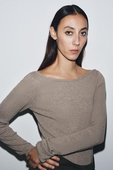 RIB BOAT NECK T-SHIRT - Khaki marl by Zara - Image 0