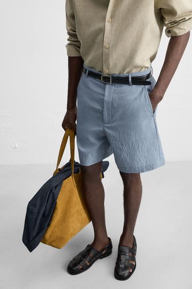 STRIPED CRINKLE-EFFECT BERMUDA SHORTS - Blue by Zara - Image 4