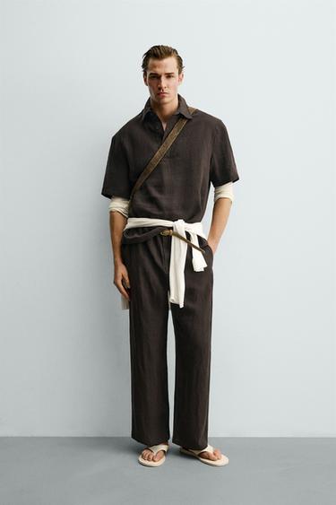 100% LINEN RELAXED FIT TROUSERS - Dark brown by Zara