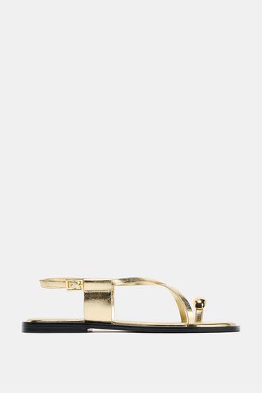 FLAT SANDALS WITH STRAPS AND METAL DETAIL - Gold by Zara - Image 0