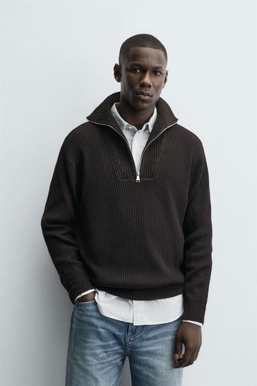 PURL KNIT QUARTER-ZIP JUMPER - Chocolate by Zara