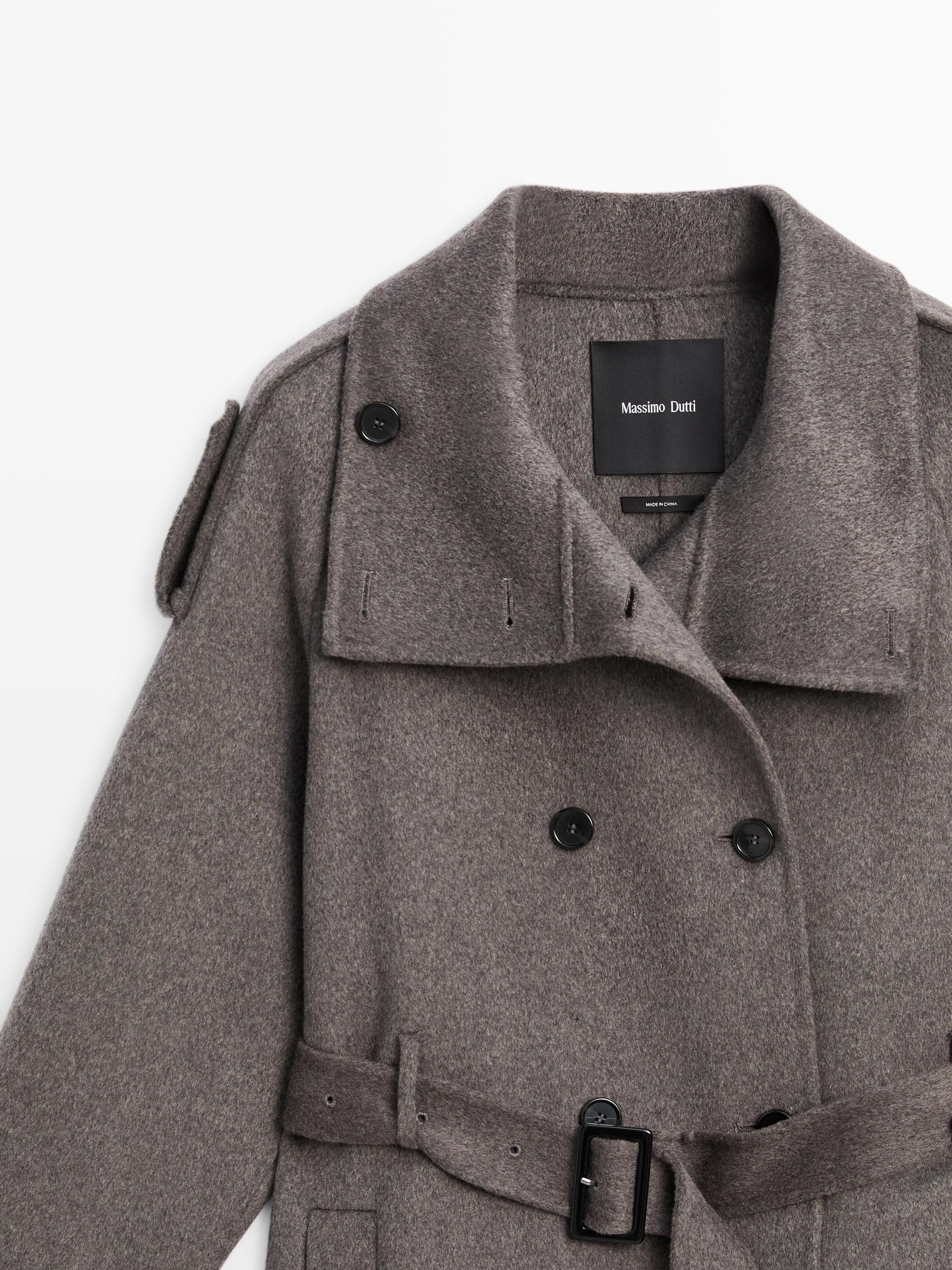 Long wool blend trench coat with belt