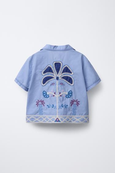 SHIRT WITH EMBROIDERED FLOWER - Mid-blue by Zara - Image 1