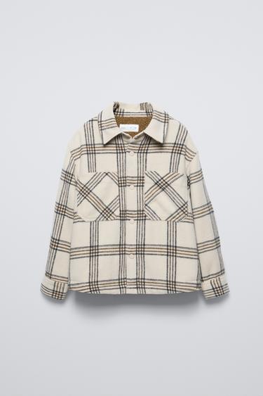 Zara FLEECE PLAID OVERSHIRT - Ecru
