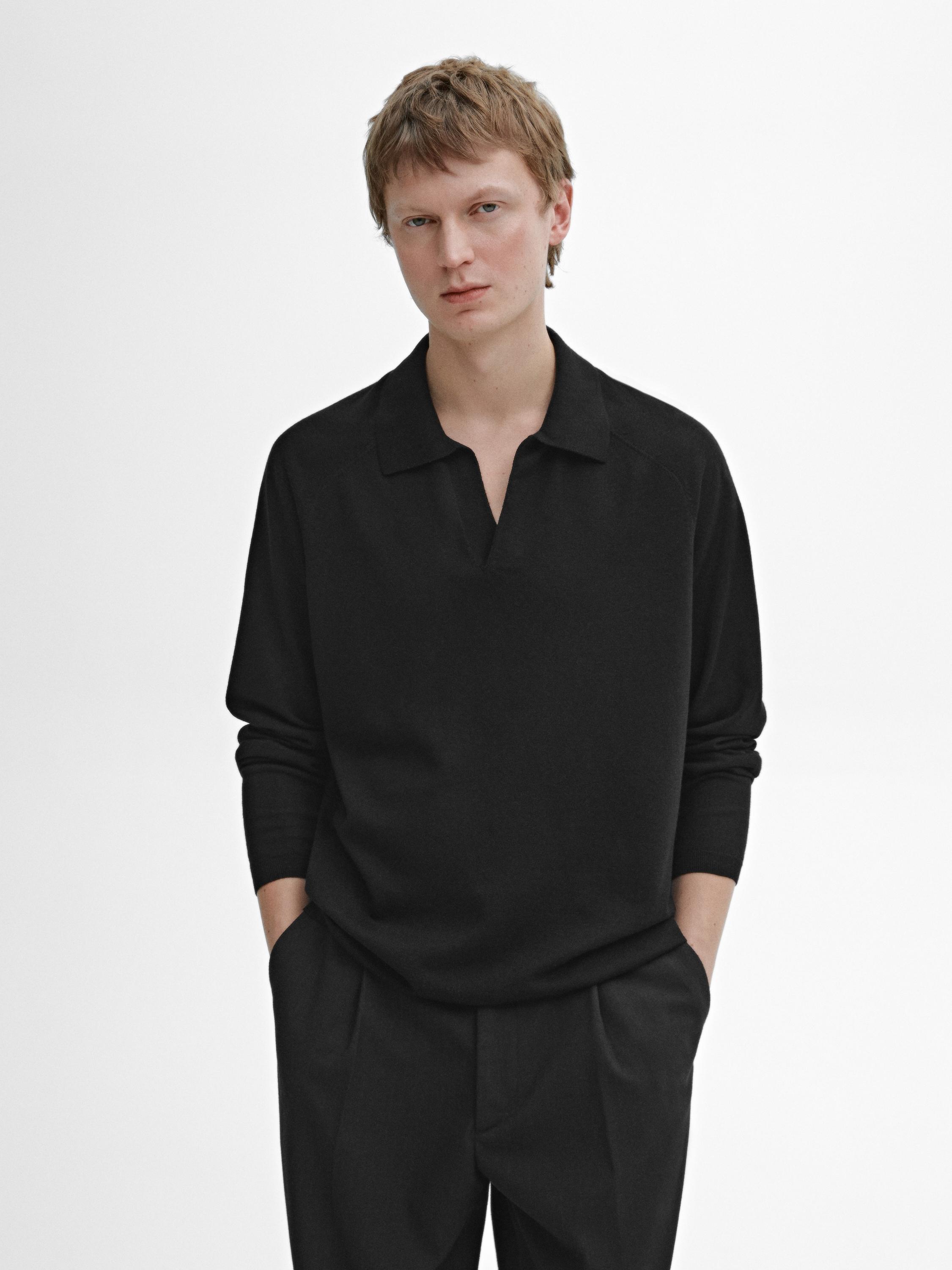 Wool blend knit sweater with polo collar - Black | ZARA