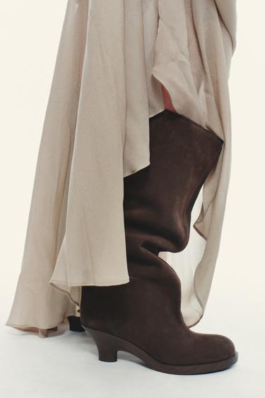 SPLIT SUEDE KITTEN HEEL BOOTS - Brown by Zara - Image 1