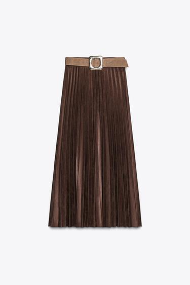 BELTED FAUX SUEDE EFFECT PLEATED MIDI SKIRT - Brown by Zara - Image 7