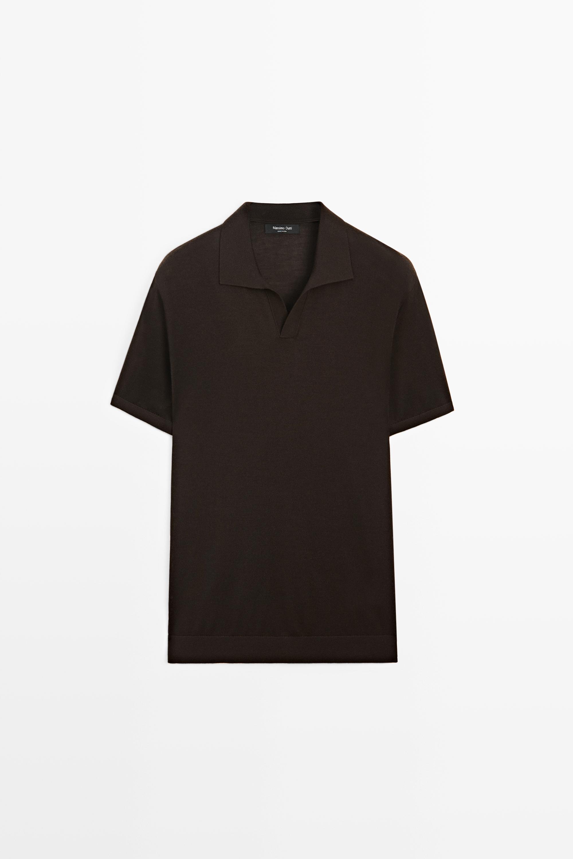 Short sleeve wool blend knit polo shirt — Brown