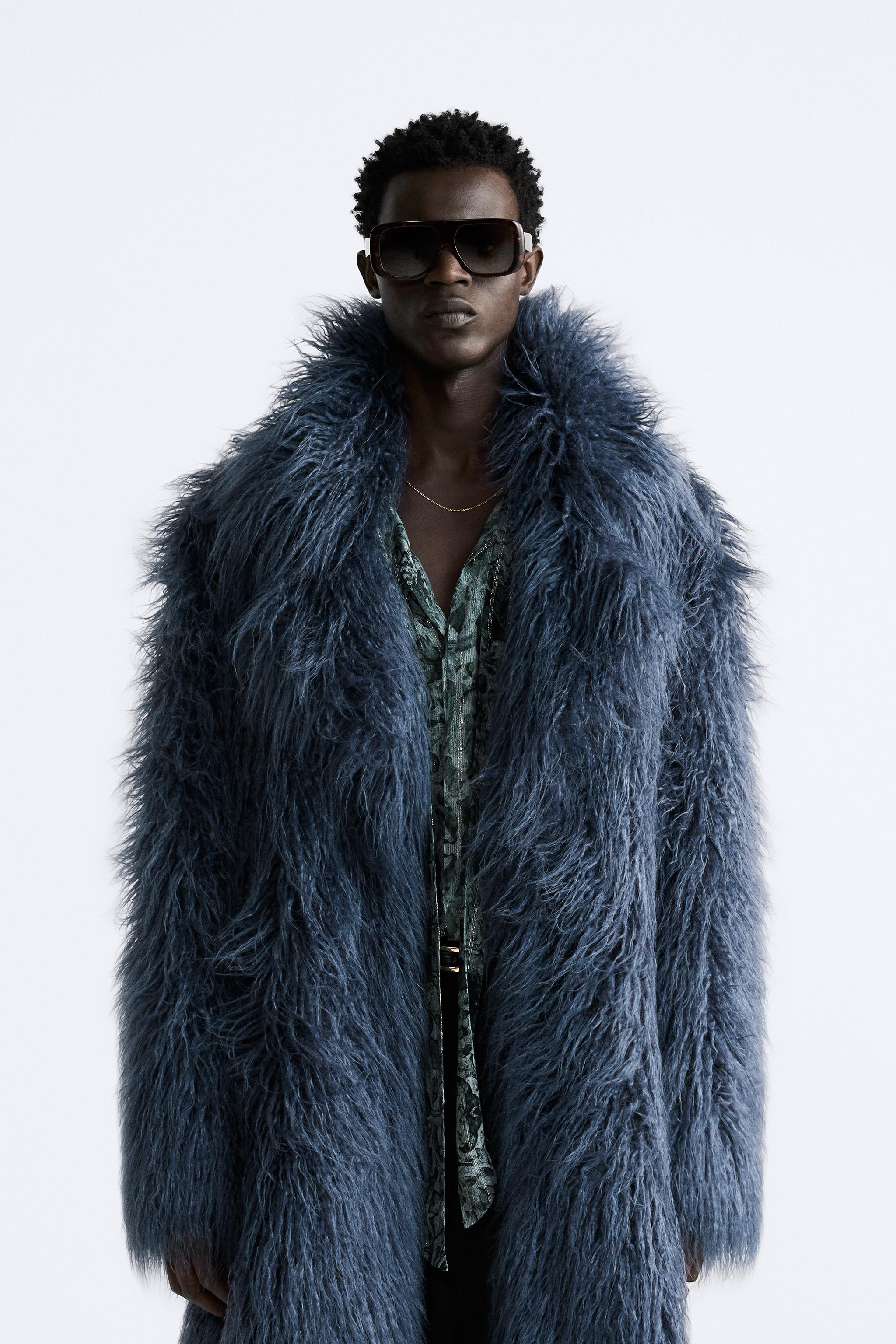 Long blue faux sale fur coat