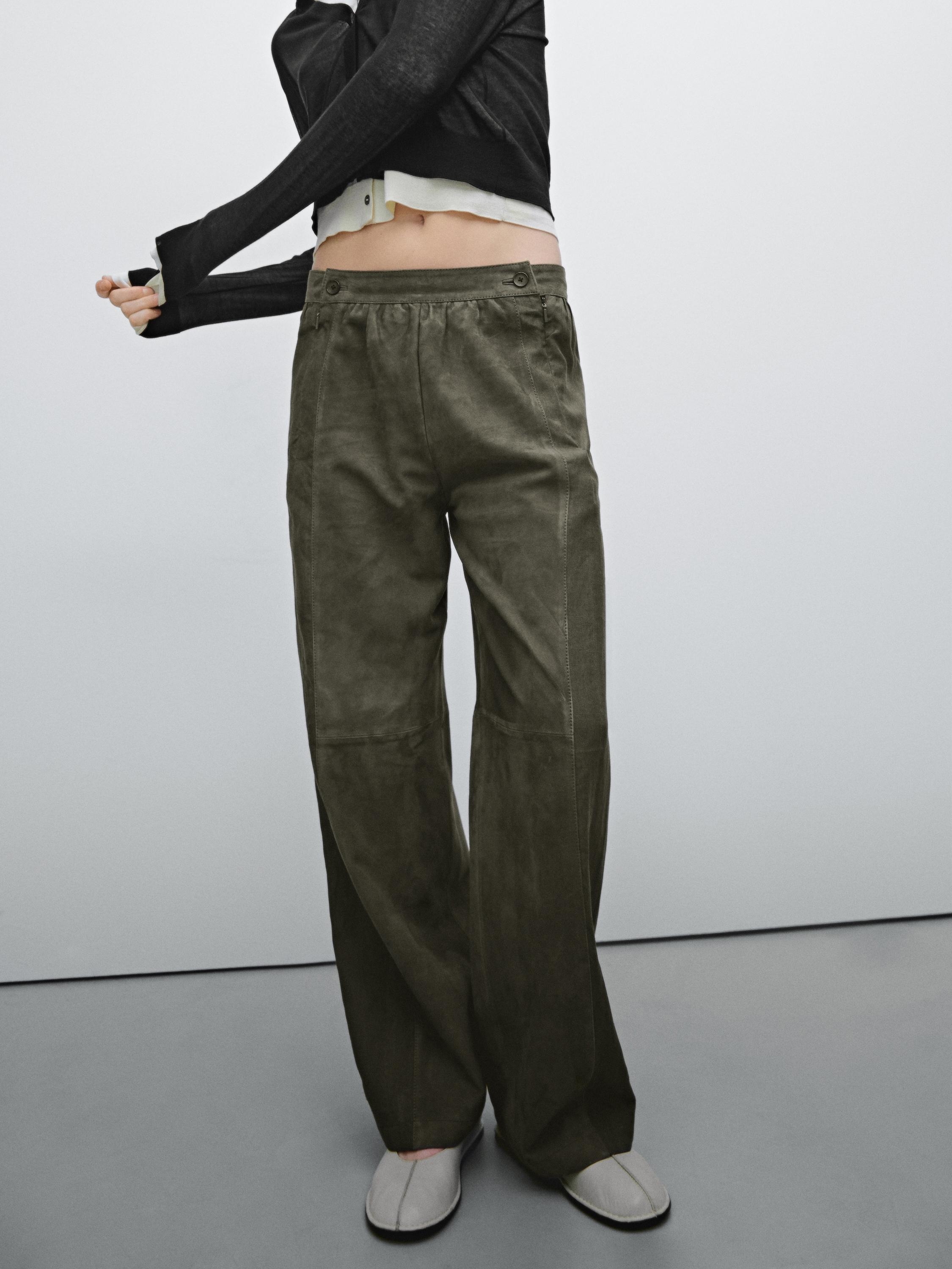 Suede leather trousers with linen detail - Khaki | ZARA Suede leather trousers with linen detail - Khaki | ZARA