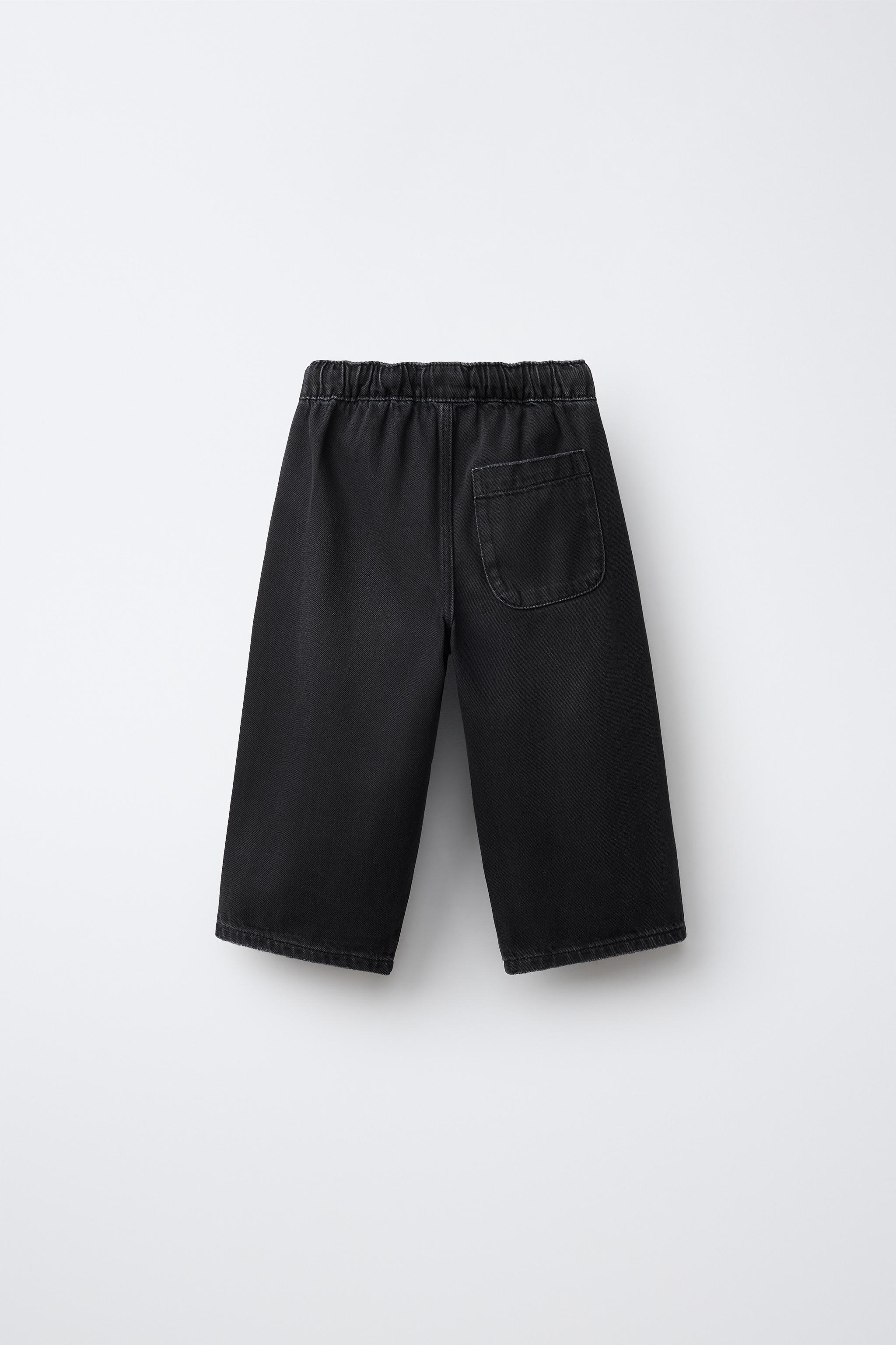 STRIPED TIE-WAIST LOOSE JEANS — Black