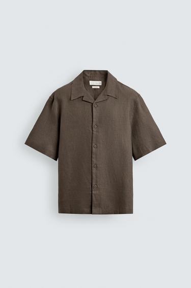 قميص كتان بقصة مريحة - بني/ توبو الخاص بـ Zara