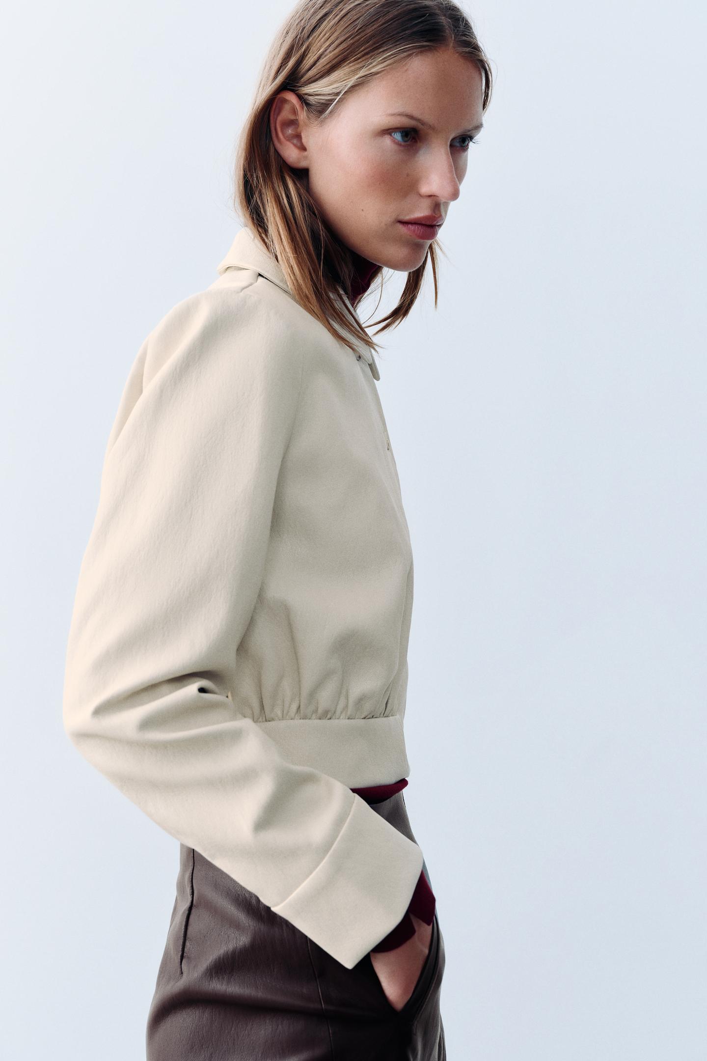 Женская рубашка Zara Cropped Leather-Effect Shoulder-Pad, цвет: Экрю — фото 5