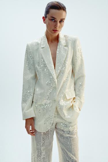 Zara SEQUIN LONG BLAZER - Oyster-white