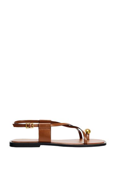 FLAT SANDALS WITH STRAPS AND METAL DETAIL - Brown by Zara