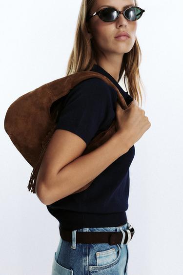 Zara FRINGED SPLIT LEATHER SHOULDER BAG - Chocolate