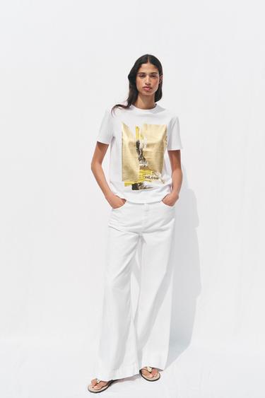 T-SHIRT WITH METALLIC PRINT - Golden by Zara - Image 0