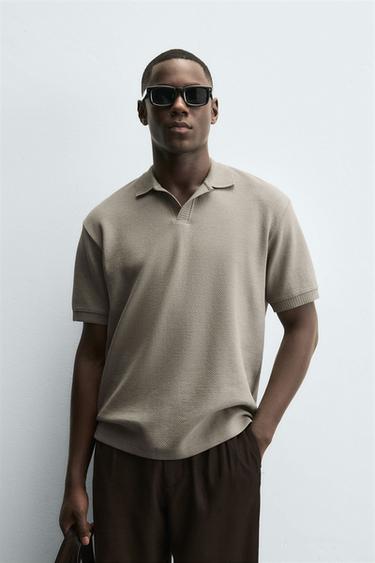 Zara TEXTURED REGULAR FIT POLO SHIRT - taupe brown