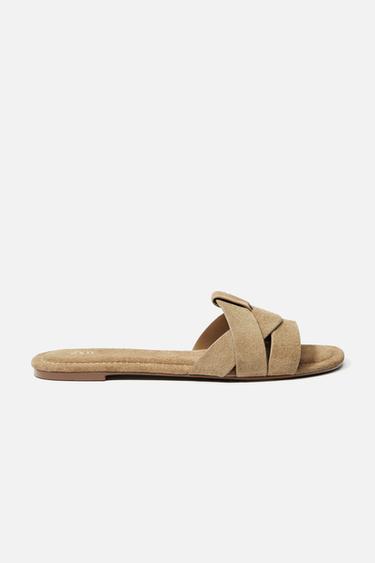 CROSSOVER SPLIT SUEDE FLAT SANDALS - Brown by Zara